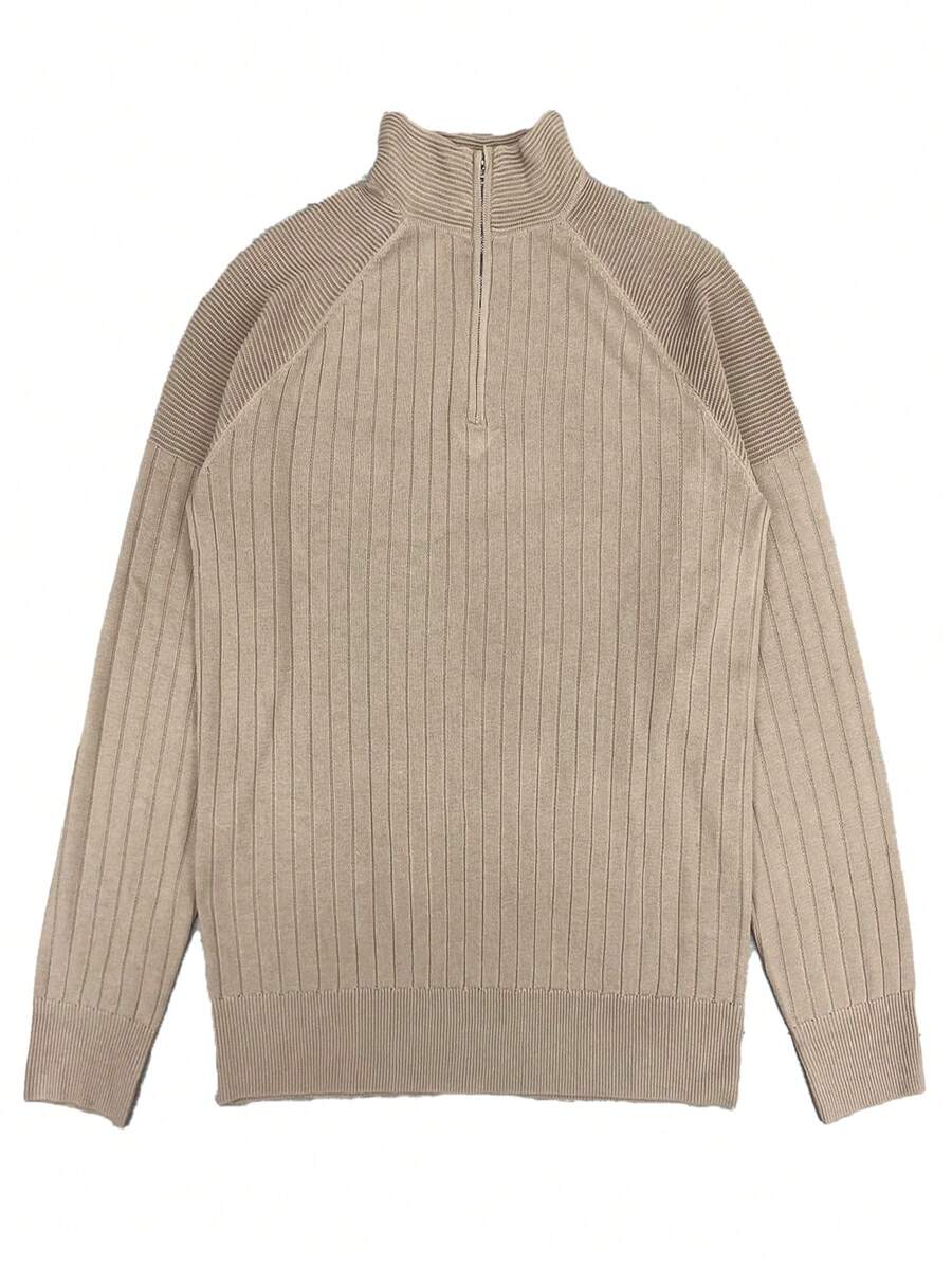 Manfinity Hypemode Men's Loose Fit Raglan Sleeve Zip-Up Half Placket Plain Casual Pullover Long Sleeve Sweater, Autumn/Winter, For Going Out, Husband - Khaki - View 1