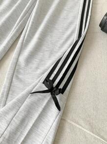 SHEIN Tween Girl Casual Straight Leg Sweatpants With Side Rib Panels & Bow Accent - Grey - View 3
