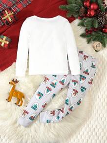 Young Boy Christmas Red Snug Fit Long Sleeve Top And Pants Pajama Set, Simple Cute Printing - White - View 2