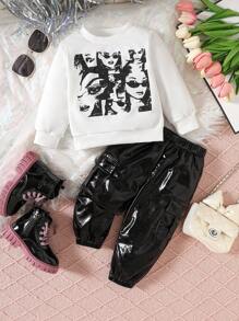 Baby Girl Graphic Print Round Neck Long Sleeve Top And Pants Casual 2 Pieces Set - Black - View 1