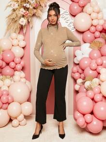 Loomaby Maternity Rhinestone Lettuce Trim Mock Neck Long Sleeve Fitted T-Shirt, Fashionable For Autumn, For Baby Shower Party - Khaki - View 4