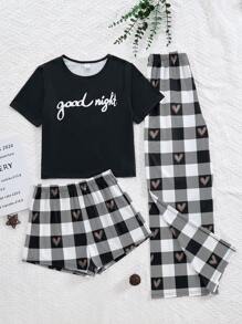 SHEIN Leap Crew Conjunto informal de 3 piezas para chica adolescente: Camiseta de manga corta con estampado de letra de cuello redondo + Pantalones con estampado de cuadros de corazón + Pijama con pantalones cortos