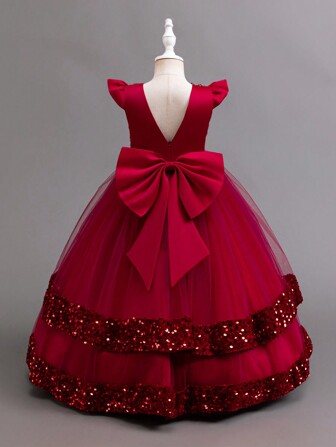 Glamorique Kids Kleine Mädchen Weihnachtsparty Kleid im Weihnachtsmann-Stil, glitzerndes & netzartiges Kleid mit weiten Ärmeln, tiefem V-Ausschnitt und Schleife hinten, Prinzessinnen-Stil Abendkleid für Hochzeit, Geburtstag, Silvesterparty