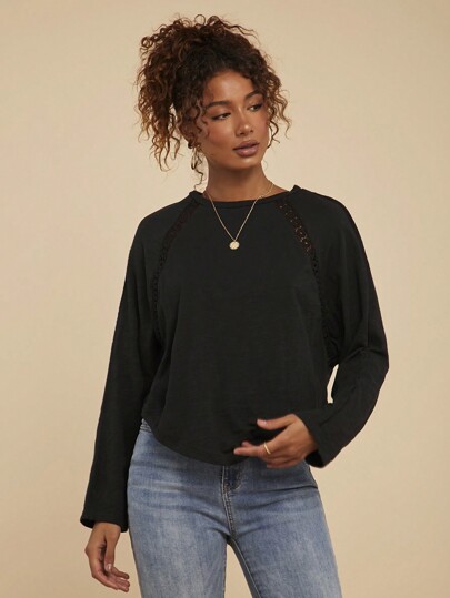 Travachic Loose Solid Color Knit Black Long Raglan Sleeve Crew Neck T-Shirt Top , Casual Vacation