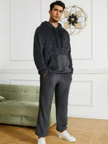 Manfinity Dauomo 2pcs Men Flannel Warm Sweatsuit Set, Autumn/Winter - Dark Grey - View 3