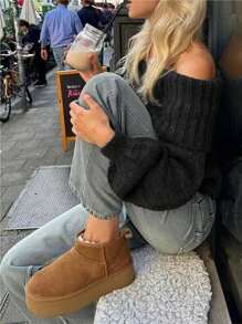 Cévolie 女士纯色黑色露肩长袖毛衣、长袖上衣 - 黑色 - 查看 3