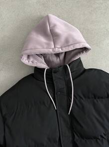 Manfinity Hypemode 男士拼色連帽休閒抽繩加厚棉外套，冬季款 - 黑色 - 查看 5