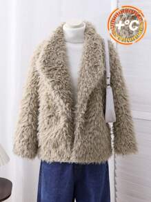 Tween 女童休闲纯色羊毛翻领开衫夹克，秋冬款 - 棕色 - 查看 1