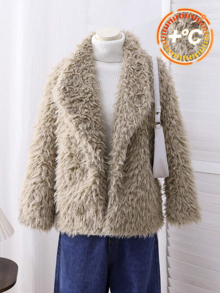 Tween 女童休闲纯色羊毛翻领开衫夹克，秋冬款 - 棕色 - 查看 1