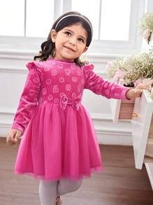 SHEIN Váy dài tay bằng vải nhung và lưới họa tiết hoạt hình màu hồng dễ thương cho bé gái, thích hợp cho tiệc tùng và các dịp khác, mùa thu/đông - Hồng - Xem 6