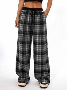 Coolane 女裝休閒寬腿格紋褲，黑白拼接設計，手感紋理质感 - 黑色 - 查看 5