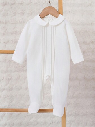 SHEIN Newborn Plain White Elegant Long Sleeve Full Length Jumpsuit, Casual Home Wear