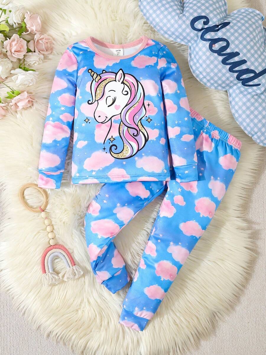 2 件女童休闲独角兽印花圆领长袖上衣和紧身裤贴身家居服套装，春/秋 - 彩色 - 查看 1