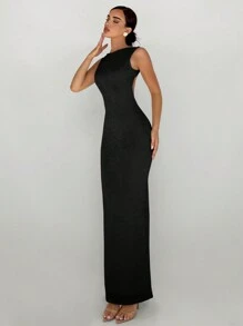 Aloruh Women's Glittering High Split Backless Bodycon Long Sleeve Party Dress