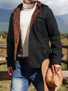 Manfinity Homme Men Simple Long Sleeve Pocket Button Front Casual Jacket, Daily Wear Going Out Overcoat, For Friends, Husband, Boyfriend Gifts - Black - View 1