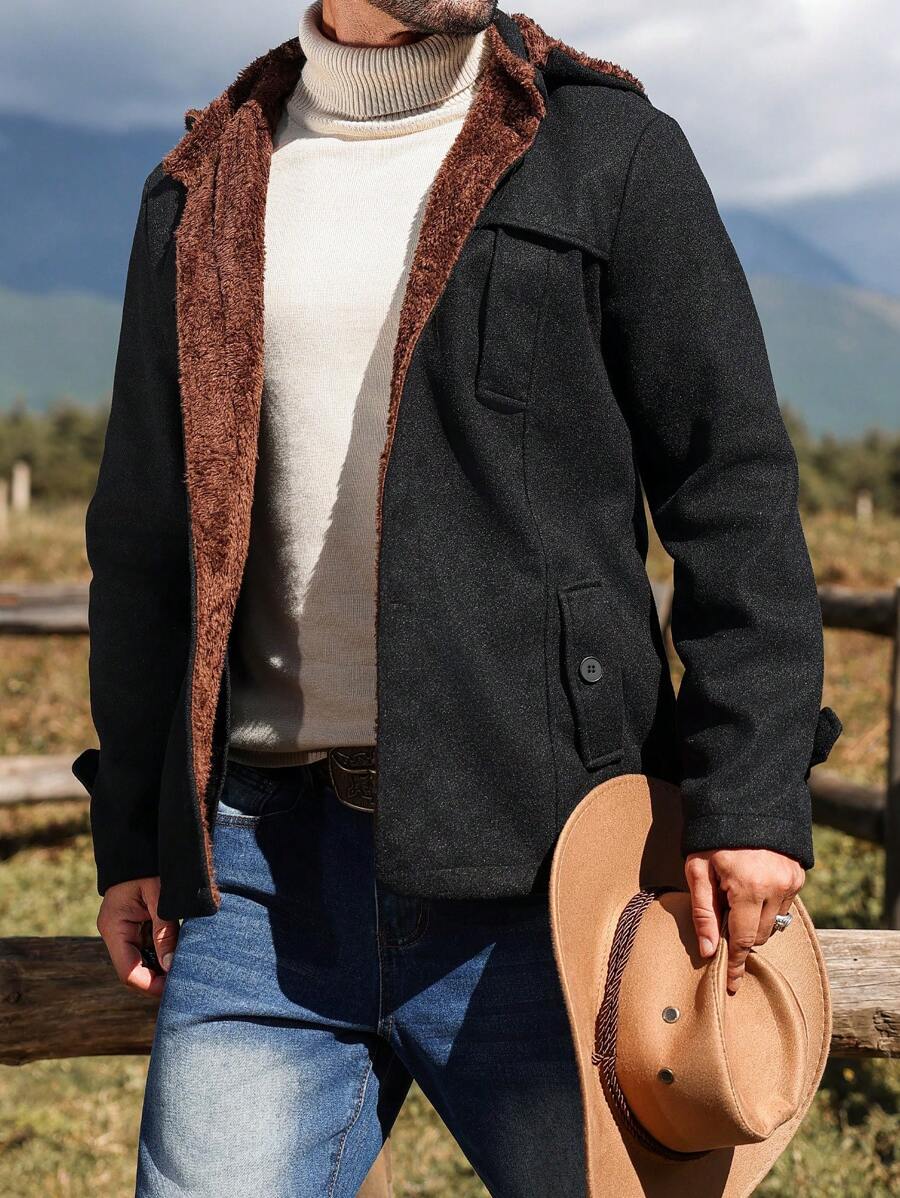 Manfinity Homme Men Simple Long Sleeve Pocket Button Front Casual Jacket, Daily Wear Going Out Overcoat, For Friends, Husband, Boyfriend Gifts - Black - View 1