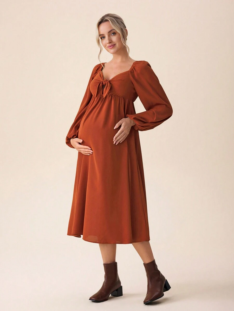 SHEIN Váy bầu thanh lịch cho nữ, tay bồng, kiểu xoắn nơ phía trước, màu đỏ gỉ, mùa thu - Rỉ Nâu - Xem 1