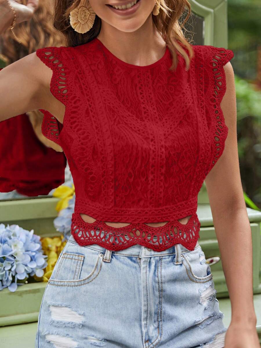 KARISMINA Spring Break Women's Lace Cover Sleeve Button-Down Summer Women Beach White Shirt - Red - View 1