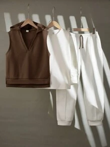 SHEIN Bộ 3 món Tween Boy: Áo phông siêu lớn, Áo phông dài tay & Quần nỉ, Thích hợp cho Chạy bộ, Đi làm, Đi học, Thường ngày, Kỳ nghỉ, Thể thao, Thu/Đông - màu nâu - Xem 2