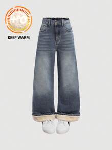 SHEIN Tween Girl Y2k Retro Washed Casual Retro Nostalgic Street Baggy Soft Thermal Lined Wide Leg Jeans For Girls Autumn/Winter Outfits - Medium Wash - View 3