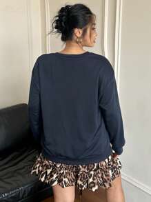 POPSWAY 2pcs/Set American Cool Girl Style Leopard Print & Digit Graphic Sweatshirt With Matching Leopard Skirt