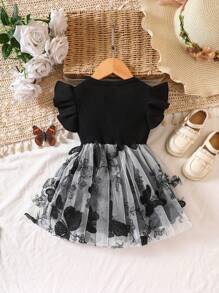 SHEIN Vestido De Niña De Mariposa Bordada Con Capa De Malla Y Borde De Volantes - Negro - Ver 2