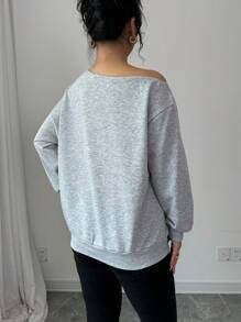 Chiquease Sudadera holgada de manga larga con estampado de letras, de cuello diagonal caído y tejido versátil y casual, para otoño/invierno