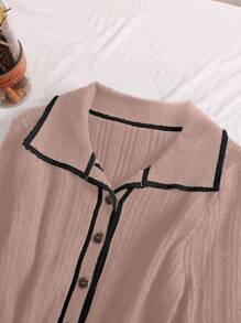SHEIN Privé 大码优雅、舒适、休闲日常修身长袖黑色毛衣裙，撞色饰边、撞色纽扣、荷叶边袖 - 可作为内层或外套穿着 - 粉色 - 查看 3