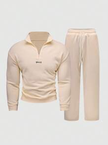 Manfinity Homme 2pcs Men Embroidery Thermal Lined Zip-Up Hoodie And Drawstring Sweatpants Set - Khaki - View 3