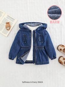 Cozy Pixies Áo khoác denim xanh dễ thương ấm áp có mũ trùm đầu dài tay bó eo cho bé gái, quần áo giữ nhiệt mùa thu/đông cho bé gái - Rửa trung bình - Xem 1