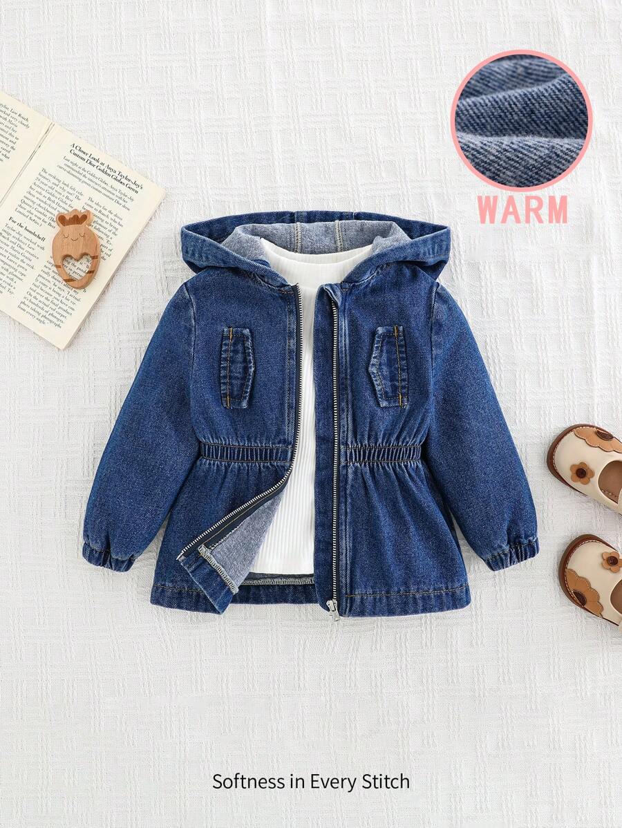 Cozy Pixies Áo khoác denim xanh dễ thương ấm áp có mũ trùm đầu dài tay bó eo cho bé gái, quần áo giữ nhiệt mùa thu/đông cho bé gái - Rửa trung bình - Xem 1