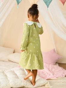 SHEIN Young Girls Refreshing Green Print Crinkle Gauze Long Sleeve Maxi Wave Hem Nightgown, Spring/Autumn Home Wear - Green - View 7