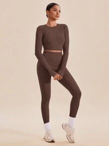 VARSITIE Dames effen kleur ronde hals lange mouw crop top & legging sportset