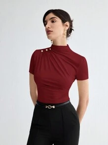 BizChic Femmes T-shirt plissé à manches courtes de couleur unie élégant, tenue décontractée chic pour dames, enseignantes, bureau, écTop haut basique
