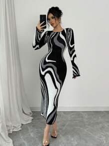 Elenzga Women Round Neck Bell Sleeve Color Block Fitted Waist Sweater Dress