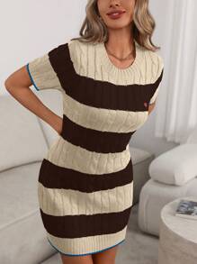 Chiquease Women Striped Round Neck Short Sleeve Casual Sweater Dress - Brown - View 6