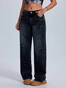 SHEIN ICON Mid-Waist Non-Stretch Letter Applique Women Denim Jeans Baggy Jeans Women - Black - View 6