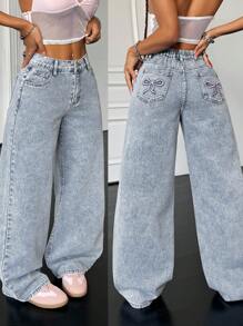 SHEIN PETITE 90 年代，女士基本款休闲宽松蓝色牛仔裤，蝴蝶结牛仔裤，返校节牛仔裤，韩国时尚，宽松女式牛仔裤，蝴蝶结牛仔裤，高腰女式牛仔裤 - 深色水洗藍 - 查看 1