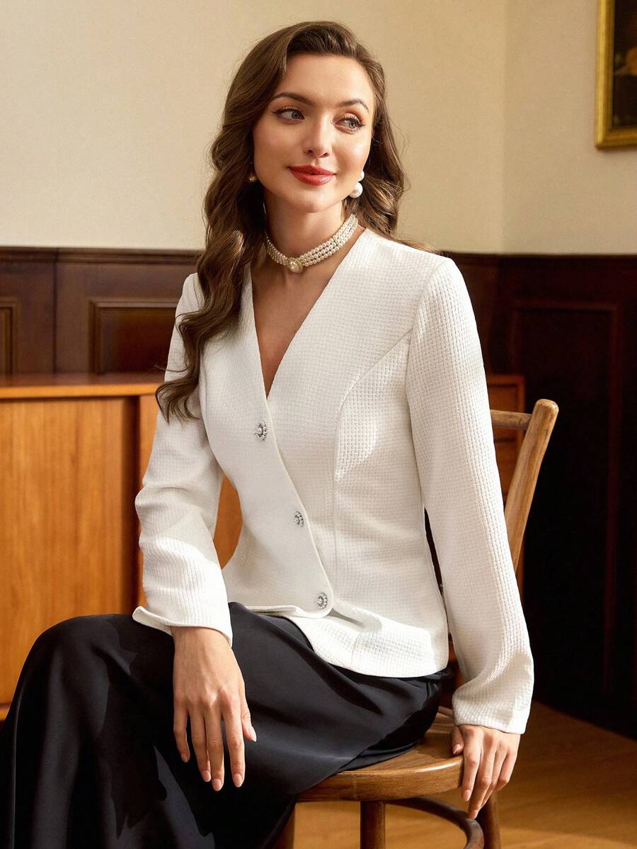 Vintamour 女士复古优雅秋冬无领长袖外套,白色,厚实圈圈绒面料,适合感恩节、新年等场合穿着 - 白色 - 查看 1