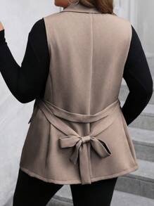 SHEIN LUNE Veste de costume casual et professionnelle sans col et sans manches, de couleur unie, pour grandes tailles. Automne. - Camel - Voir 2