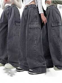 DAZY Women's Wide Leg Loose Casual Distressed Cargo Denim Jeans - Grey - View 2