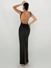 Aloruh Women's Glittering High Split Backless Bodycon Long Sleeve Party Dress