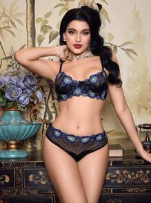 女士花卉刺绣网状透明性感内衣套装 - 藏蓝色 - 查看 7