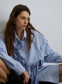 Aveloria Modichic 女士超大男友风格条纹蝴蝶结装饰纽扣衬衫，秋冬季可爱有趣的衬衫 - 彩色 - 查看 6