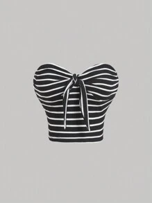 SHEIN MOD Áo thun sọc đỏ không dây xoắn phía trước, Áo thu, Áo dễ thương, Áo, Áo ống trễ vai, Áo đi chơi - Đen và trắng - Xem 1