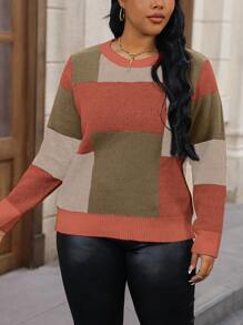 Calvaya Plus Size Crew Neck Long Sleeve Patchwork Minimalist Casual Pullover Sweater, For Winter Knit Pullover Fall - Burnt Orange - View 6