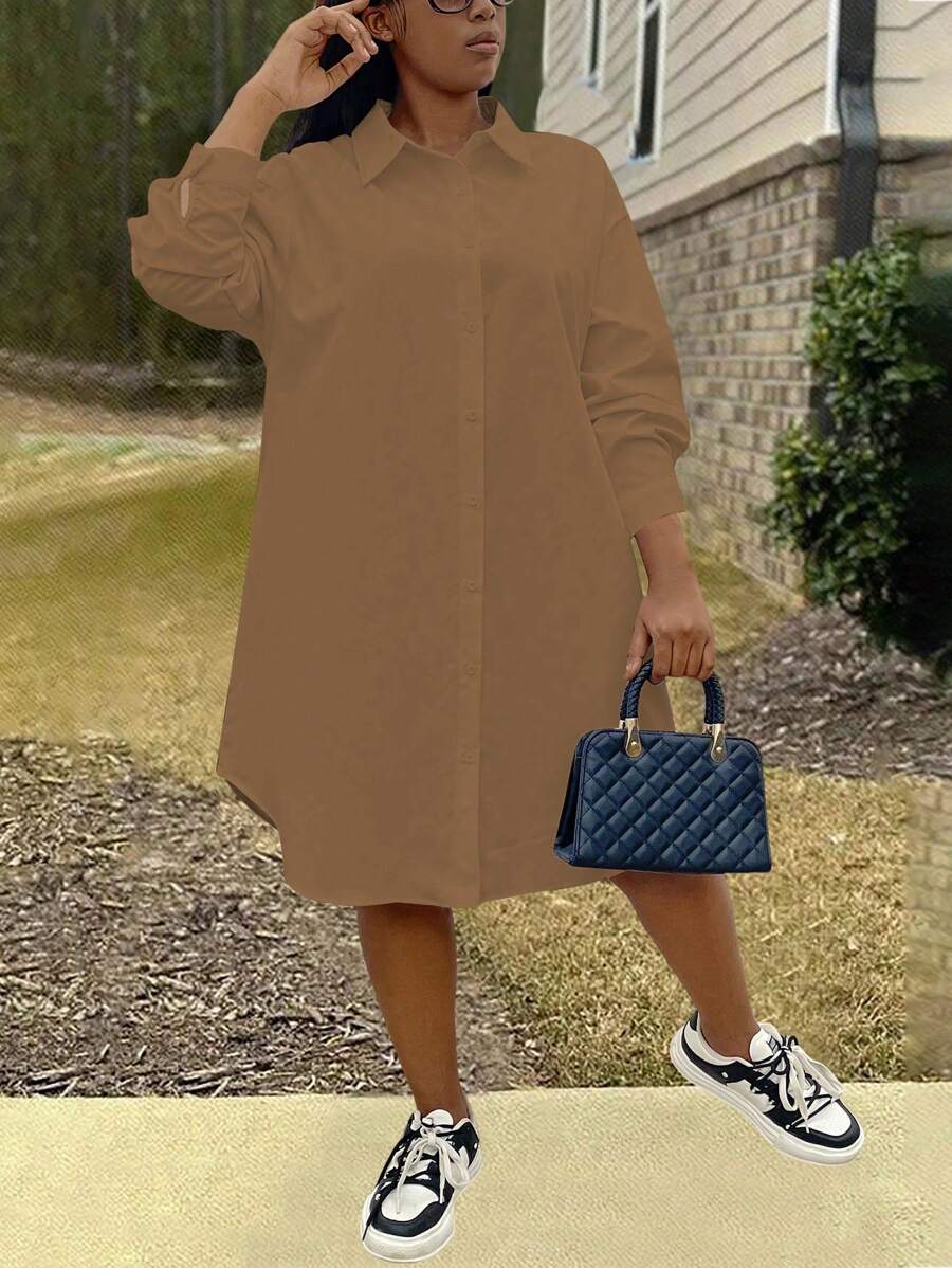 Maweii Đầm tay dài cài nút phía trước màu trơn cỡ lớn, mùa thu - Màu Khaki - Xem 1