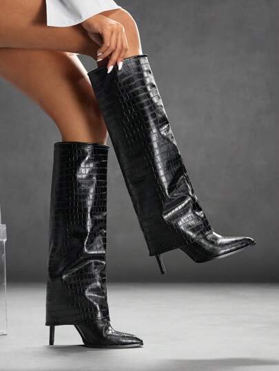 CUCCOO SZL Botas altas de punta afilada de tacón alto con textura de piedra negra, botas de montar sexis sobre la rodilla para damas para el ambiente navideño y de Año Nuevo, ideal para otoño e invierno, día de San Valentín