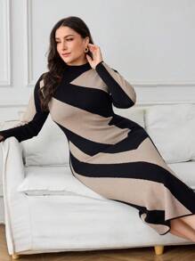 Modelyn Váy len thanh lịch dài tay cổ tròn kẻ sọc cỡ lớn cho nữ, mùa thu/đông - Nhiều màu - Xem 3