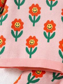 Colorful Dopamine Floral Intarsia Sweater And Knitted Pants 2-Piece Outfit For Baby Girl, Showcases A Vibrant And Lively Style